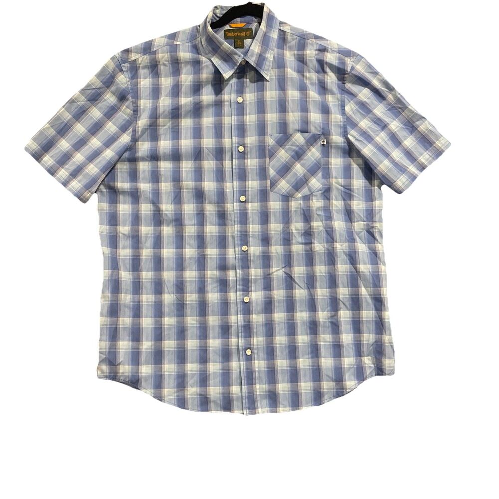 Timberland Sz XL Men's Pocket Logo Button Down Blue, White Plaid Shirt Outdoor